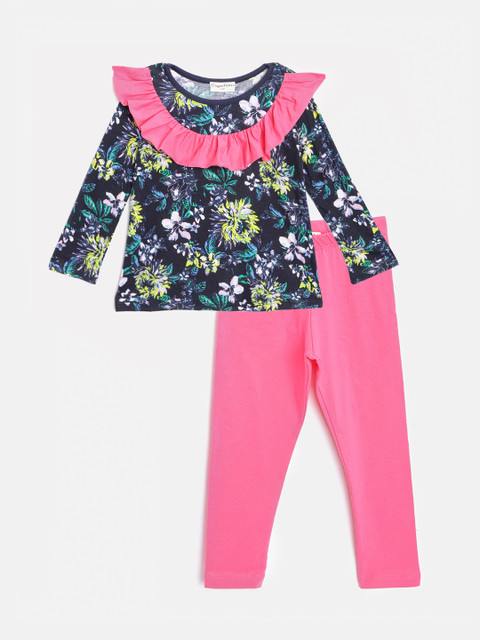 

CrayonFlakes Girls Navy Blue & Pink Floral Print Ruffles Top with Leggings