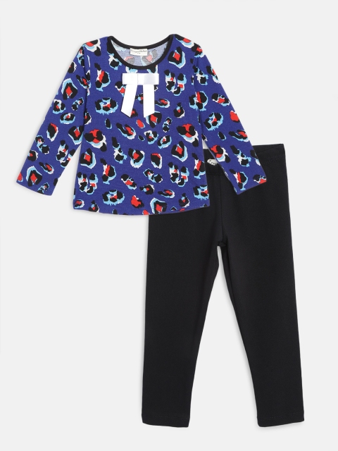 

CrayonFlakes Girls Blue & Black Abstract Print Bow Detail T-shirt with Leggings