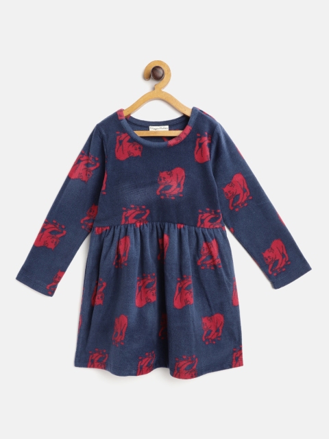 

CrayonFlakes Girls Navy Blue & Red Printed Polar Fleece Winter Fit & Flare Dress
