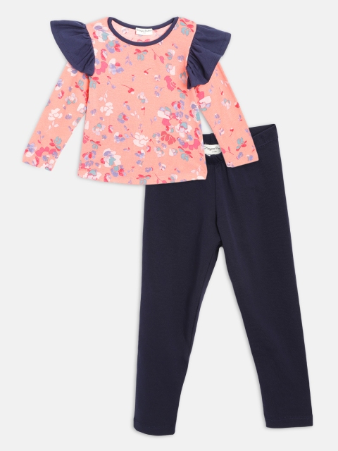 

CrayonFlakes Girls Peach & Navy blue Floral Print Ruffles Top with Leggings