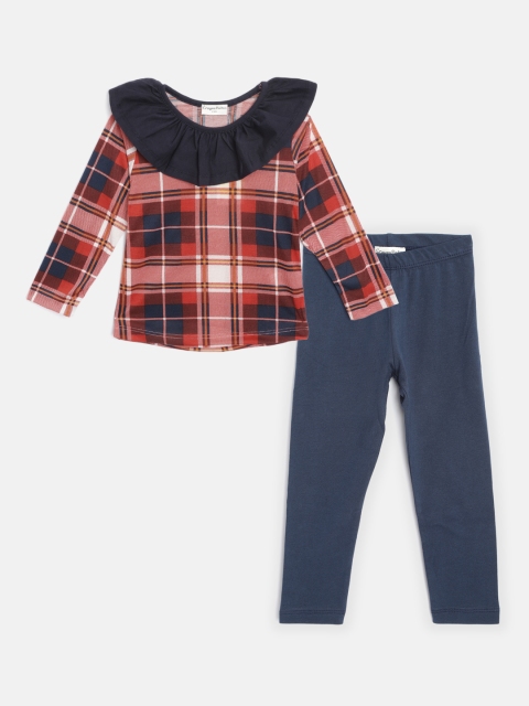 

CrayonFlakes Girls Peach-Coloured & Navy Blue Checked Top with Leggings