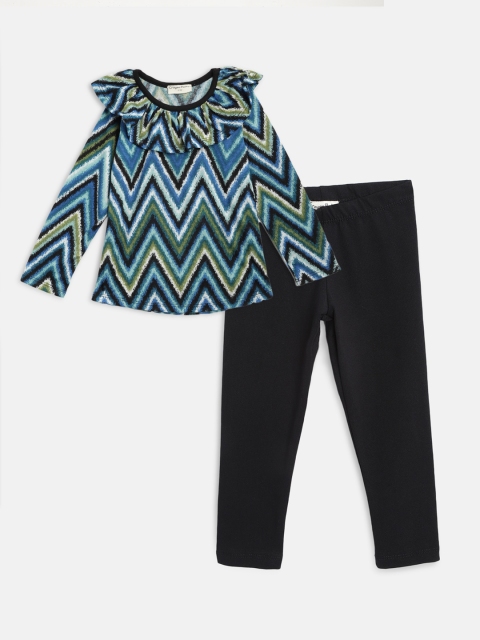 

CrayonFlakes Girls Blue & Black Printed Top with Trousers