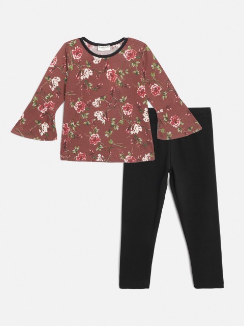 

CrayonFlakes Girls Rust Brown & Black Floral Print Top with Leggings