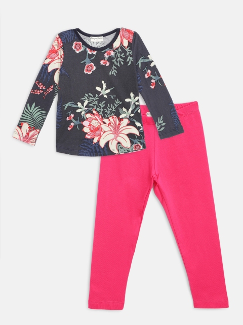 

CrayonFlakes Girls Navy Blue & Pink Floral Print T-shirt with Leggings