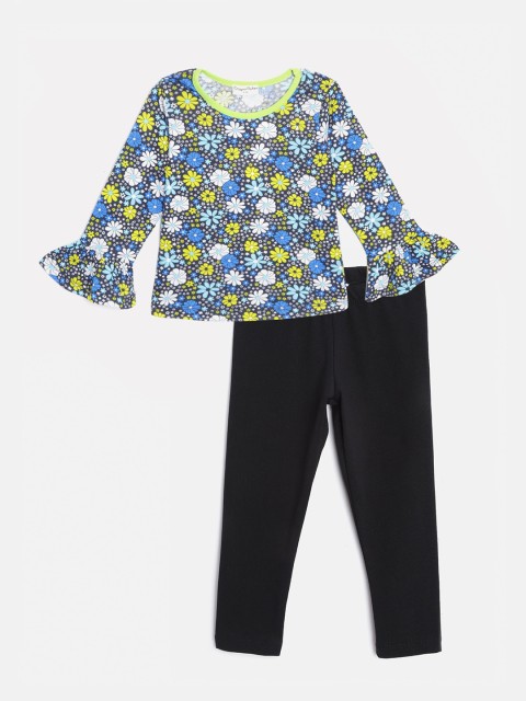 

CrayonFlakes Girls Black & Blue Floral Print Top with Leggings