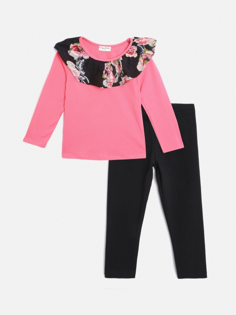 

CrayonFlakes Girls Pink & Black Solid Ruffles Top with Leggings