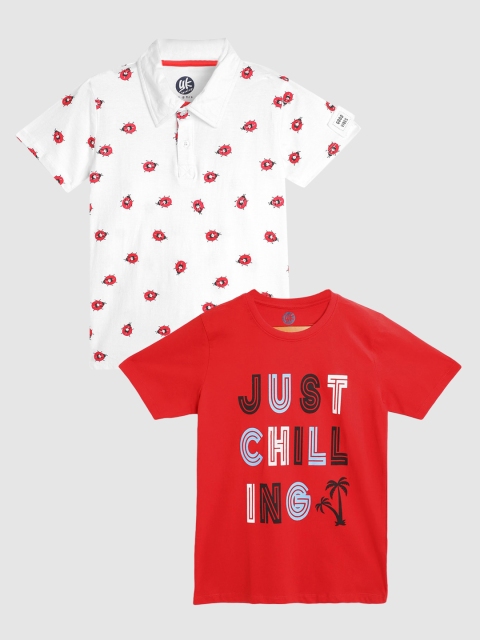 

YK Boys Pack of 2 White & Red Printed Cotton Tshirts