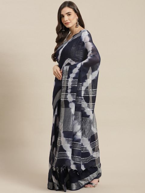 

Fusion Threads Navy Blue & Off White Handblock Print Pure Cotton Bagru Saree