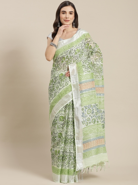 

Fusion Threads Green & Off White Handblock Print Pure Cotton Bagru Saree