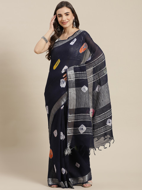 

Fusion Threads Navy Blue Handblock Print Pure Cotton Bagru Saree
