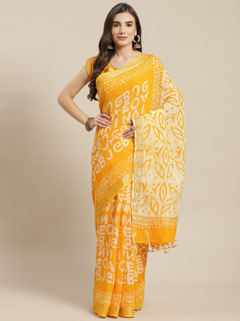 

Fusion Threads Mustard & Beige Typography Hand Block Printed Pure Cotton Bagru Saree