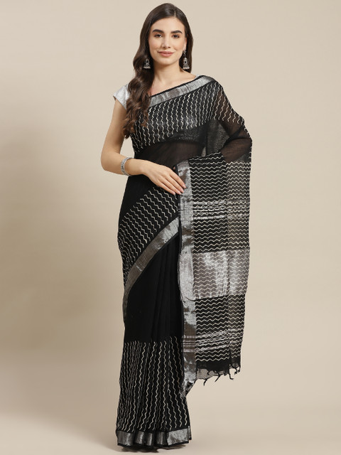 

Fusion Threads Black & Off White Handblock Print Pure Cotton Bagru Saree