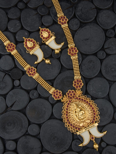 

Alankruthi Gold-Plated Red Stone Studded Tiger Nail Lakshmi Design Hara Jewellery Set