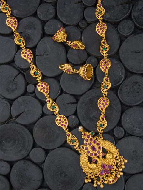 

Alankruthi Gold-Plated Pink & Green Stone Studded Temple Jewellery Set