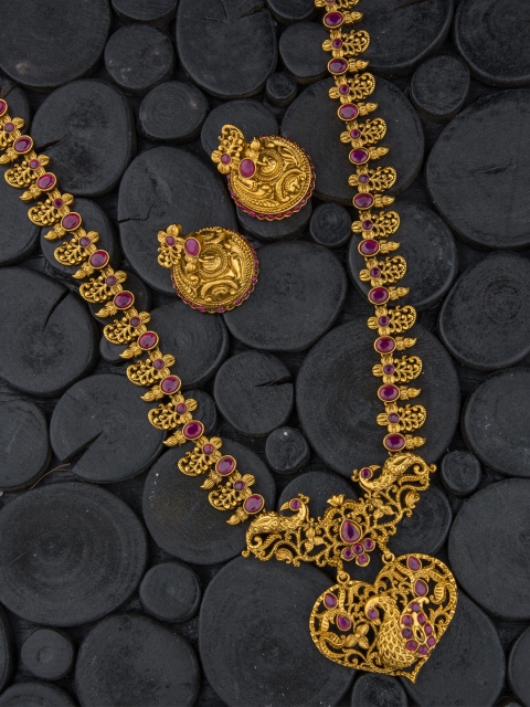 

Alankruthi Gold-Plated Pink Stone Studded Temple Jewellery Set