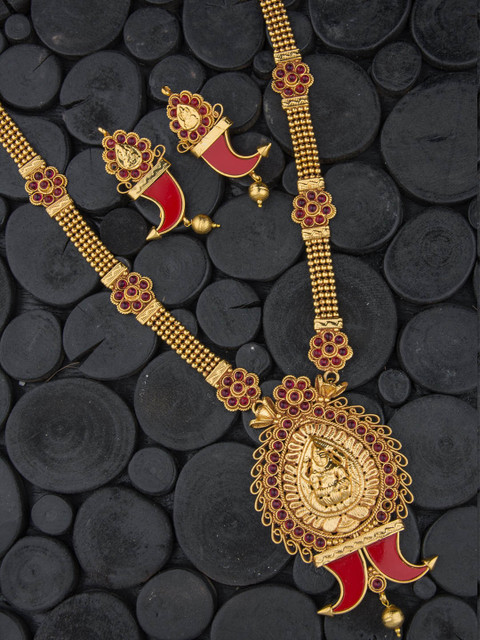 

Alankruthi Gold-Plated Red Stone Studded Lakshmi Jewellery Set