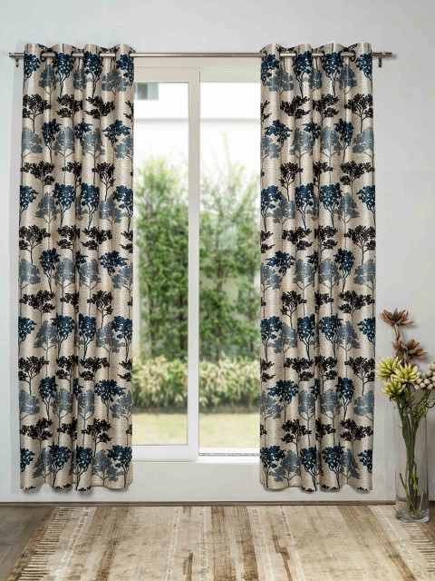 

SHIVANAA HOMES Cream-Coloured & Grey Set of 2 Floral Long Door Curtain