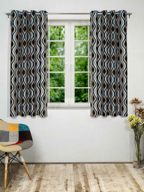 

SHIVANAA HOMES Cream-Coloured & Teal Set of 2 Geometric Window Curtains