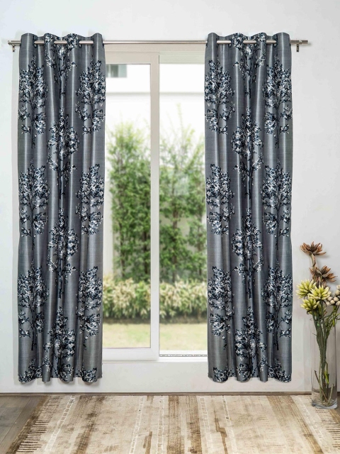 

SHIVANAA HOMES Grey & Navy Blue Set of 2 Floral Long Door Curtain