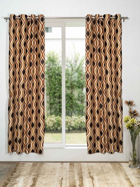 

SHIVANAA HOMES Brown & White Set of 2 Geometric Long Door Curtain