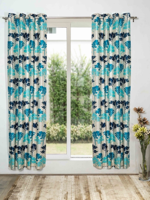 

SHIVANAA HOMES Cream-Coloured & Blue Set of 2 Floral Long Door Curtains