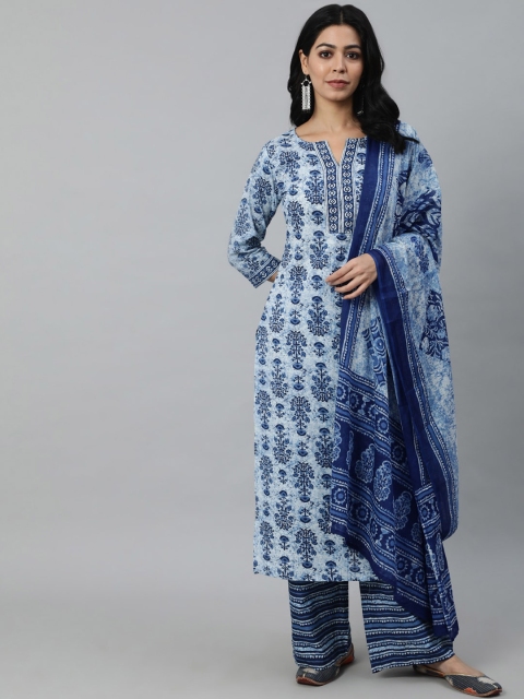 

Nayo Women Blue Ethnic Motifs Printed Pure Cotton Kurta with Palazzos & With Dupatta