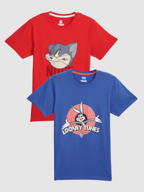 

YK Warner Bros Boys Blue & Red Pack Of 2 Cartoon Character Printed T-shirts