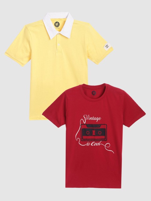 

YK Boys Set of 2 Yellow & Red Printed T-shirt