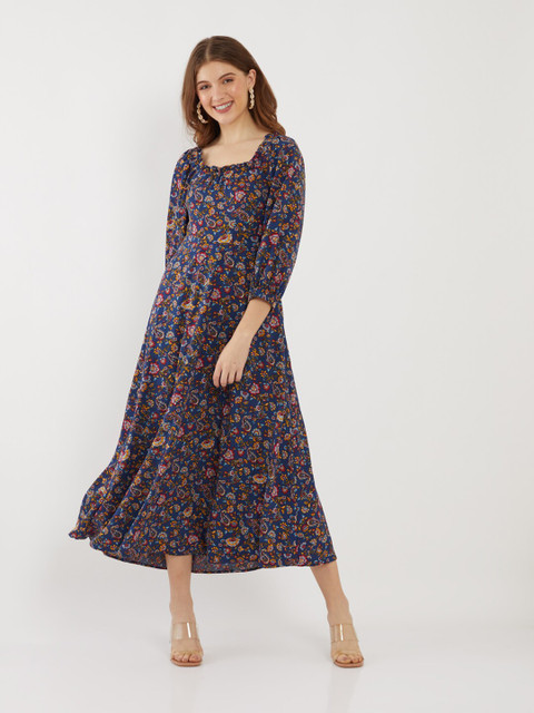 

Zink London Women Blue & Red Floral Square Neck A-Line Midi Dress