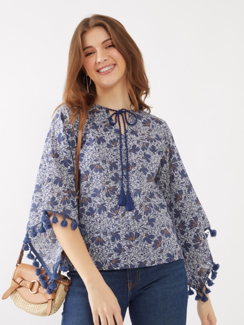 

Zink London Woman Blue Floral Print Tie-Up Neck Top