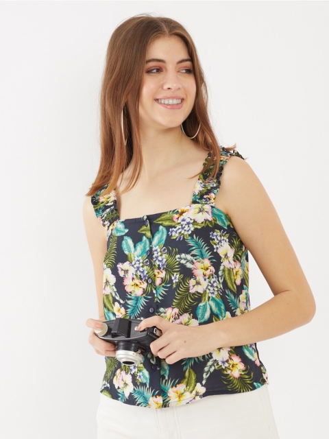

Zink London Black & Green Floral Print Top
