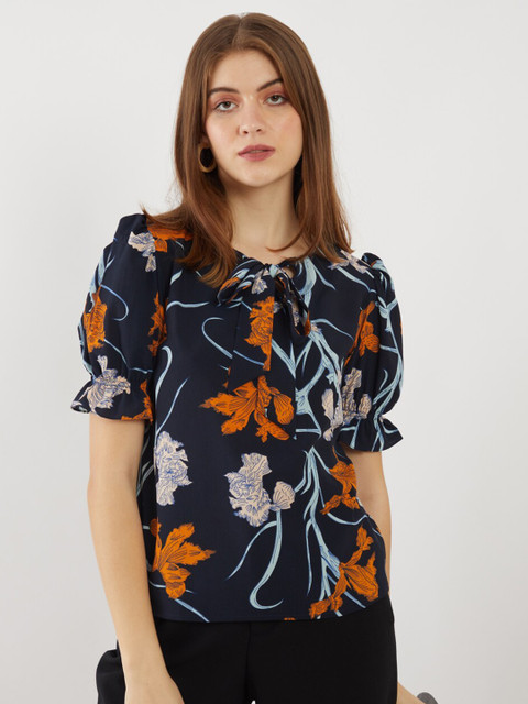

Zink London Blue & Orange Floral Print Tie-Up Neck Top