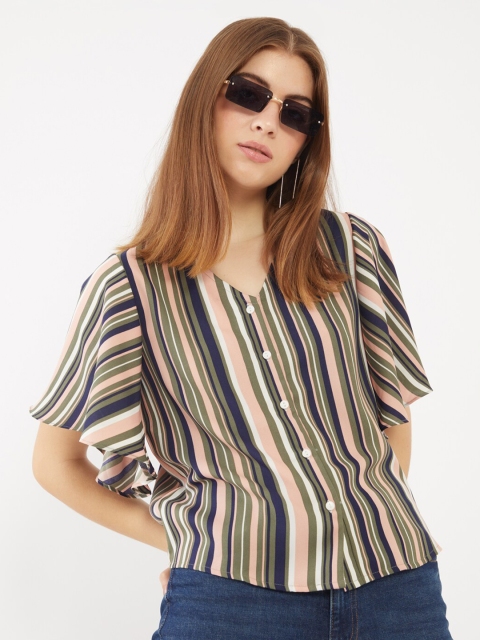 

Zink London Green & Pink Striped Shirt Style Top