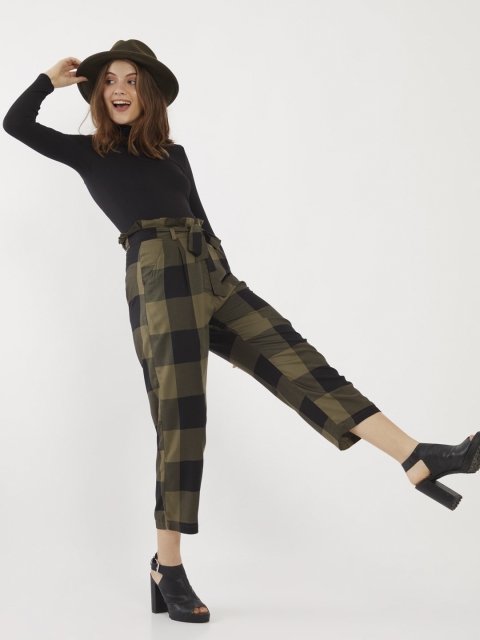 

Zink London Women Olive Green Checked High-Rise Trousers