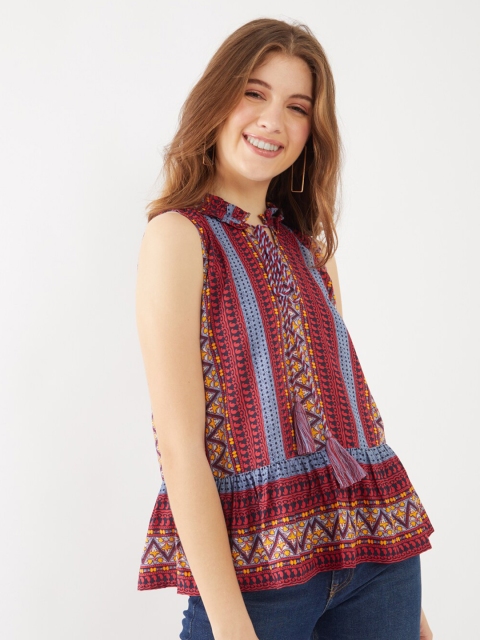 

Zink London Red & Blue Printed A-Line Pure Cotton Top