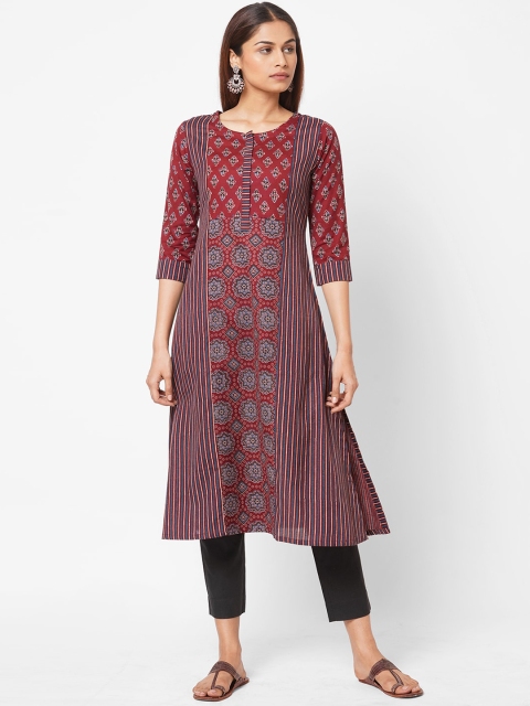 

KAMI KUBI Women Maroon & Cream-Coloured Ethnic Motifs Cotton A-line Kurta