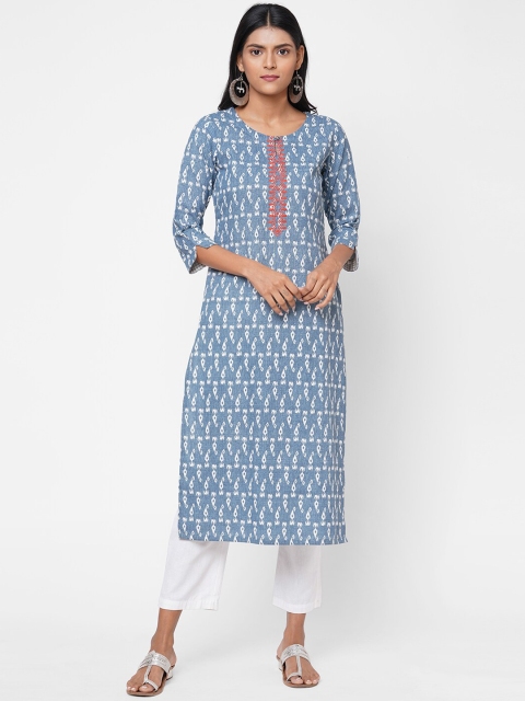 

KAMI KUBI Women Blue & White Ethnic Motifs Purr Cotton Printed Kurta
