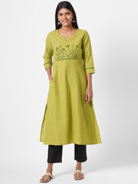 

KAMI KUBI Women Green Floral Yoke Design Cotton Kurta