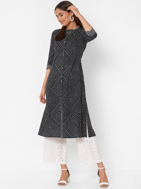 

KAMI KUBI Women Black Bandhani Printed Cotton A-Line Kurta