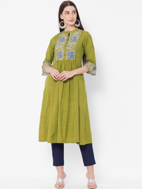 

KAMI KUBI Women Green Ethnic Motifs Yoke Design Thread Work Kurta