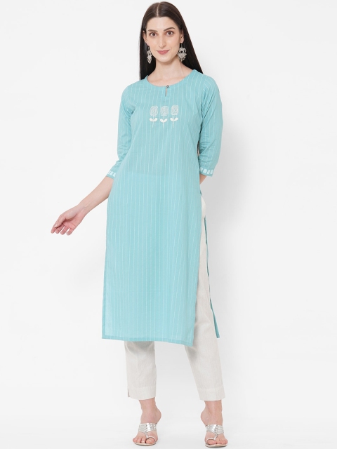 

KAMI KUBI Women Blue Striped Thread Work Kurta