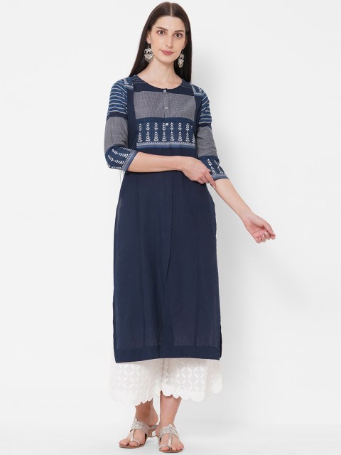 

KAMI KUBI Women Navy Blue Embroidered Cotton Dobby Straight Kurta