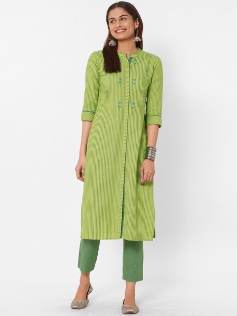 

KAMI KUBI Women Green Pure Cotton Striped Kurta