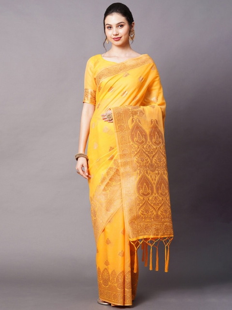 

Mitera Yellow & Gold-Toned Ethnic Motifs Zari Silk Cotton Banarasi Saree