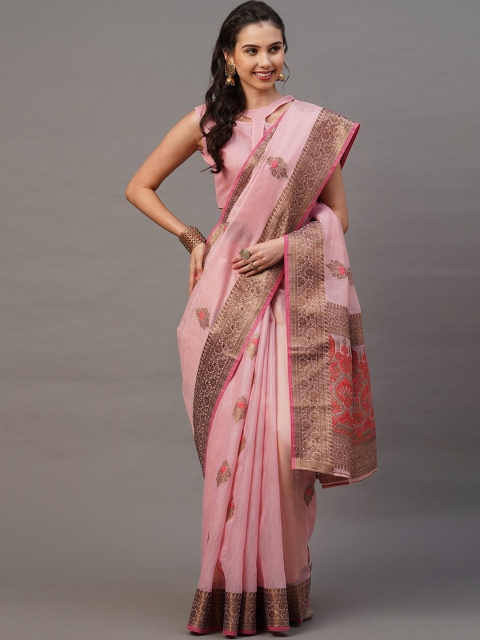 

Mitera Pink & Red Woven Design Silk Blend Banarasi Saree