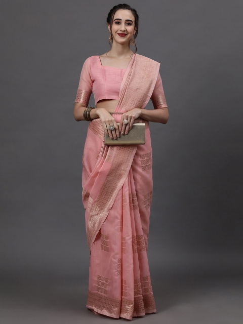 

Mitera Pink & Gold-Toned Ethnic Motifs Zari Linen Blend Banarasi Saree