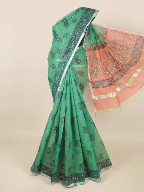 

Pothys Green & Peach-Coloured Woven Design Silk Cotton Saree