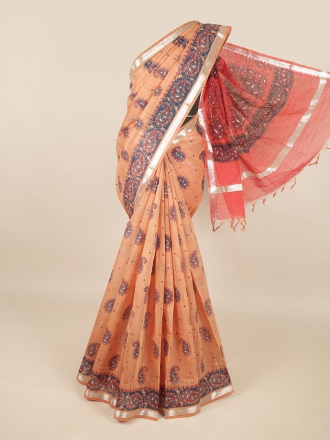 

Pothys Peach-Coloured & Red Paisley Silk Cotton Saree