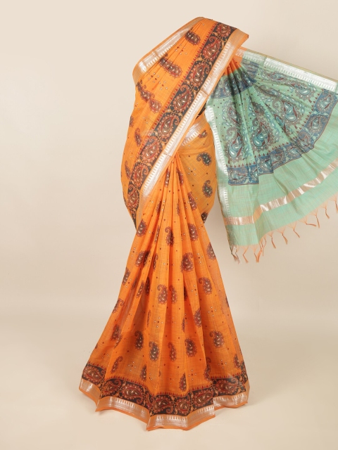 

Pothys Orange & Sea Green Paisley Silk Cotton Saree