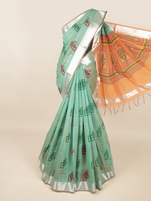 

Pothys Teal & Silver-Toned Printed Zari Border Silk Cotton Saree